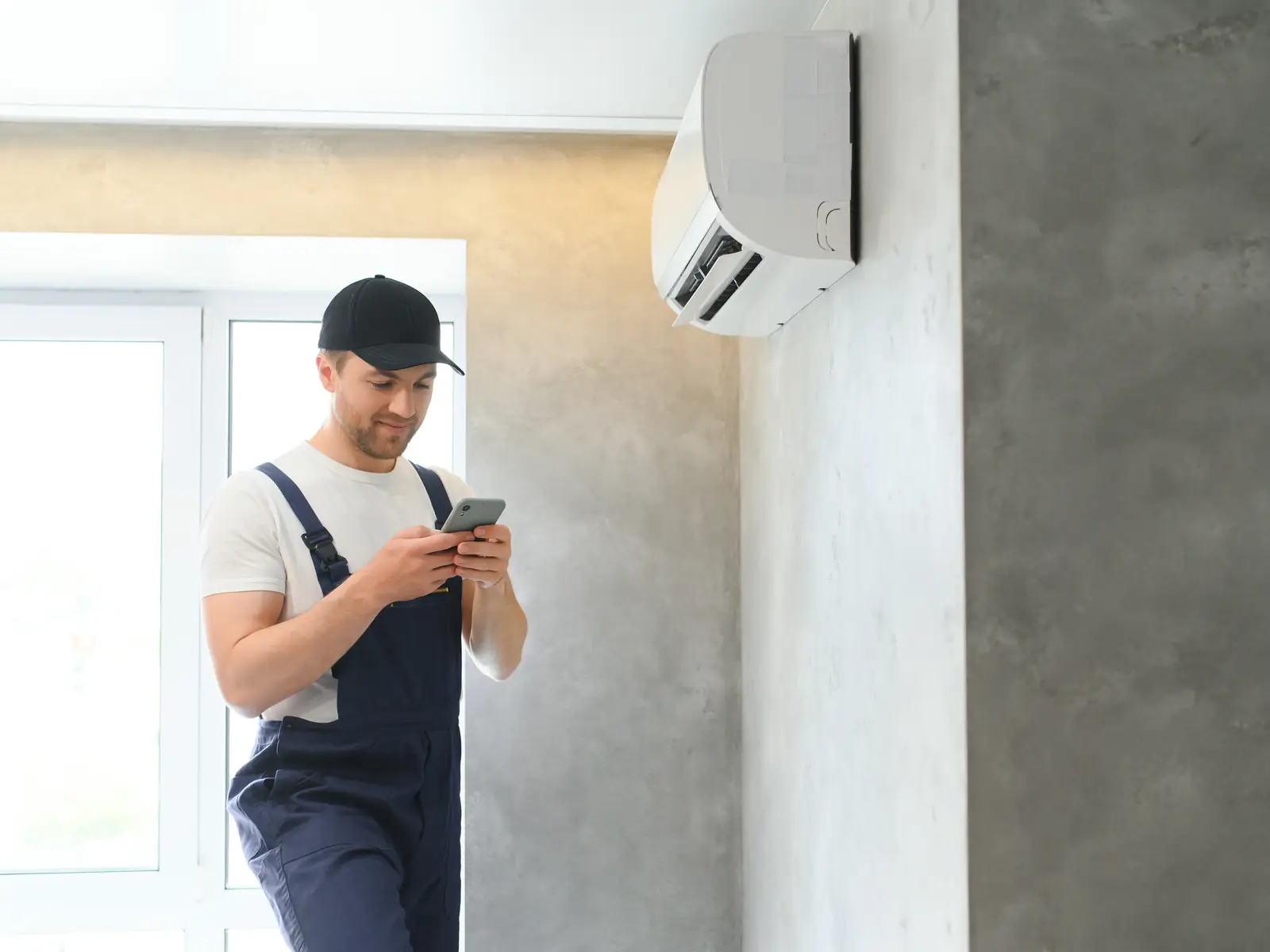 Installateur de Dosantos Climatisation vérifiant une unité murale qu'il vient de poser